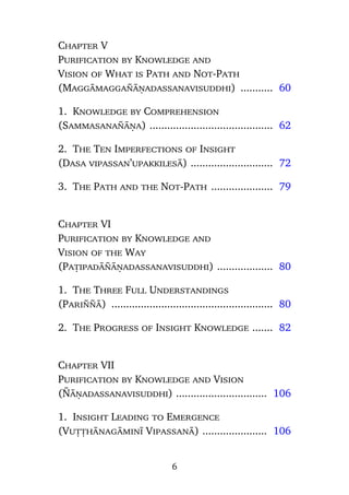Chapter V
Purification by Knowledge and
Vision of What is Path and Not-Path
(Maggàmagga¤àõadassanavisuddhi) ........... 60
1. Knowledge by Comprehension
(Sammasana¤àõa) .......................................... 62
2. The Ten Imperfections of Insight
(Dasa vipassan’upakkilesà) ............................ 72
3. The Path and the Not-Path ..................... 79

Chapter VI
Purification by Knowledge and
Vision of the Way
(Pañipadà¤àõadassanavisuddhi) ................... 80
1. The Three Full Understandings
(Pari¤¤à) ....................................................... 80
2. The Progress of Insight Knowledge ....... 82

Chapter VII
Purification by Knowledge and Vision
(¥àõadassanavisuddhi) ............................... 106
1. Insight Leading to Emergence
(Vuññhànagàminã Vipassanà) ...................... 106

6

 