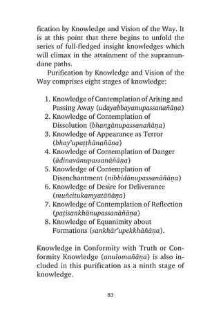 fication by Knowledge and Vision of the Way. It
is at this point that there begins to unfold the
series of full-fledged insight knowledges which
will climax in the attainment of the supramundane paths.
Purification by Knowledge and Vision of the
Way comprises eight stages of knowledge:
1. Knowledge of Contemplation of Arising and
Passing Away (udayabbayanupassana¤àõa)
2. Knowledge of Contemplation of
Dissolution (bhangànupassana¤àõa)
3. Knowledge of Appearance as Terror
(bhay’upaññhàna¤àõa)
4. Knowledge of Contemplation of Danger
(àdinavànupassanà¤àõa)
5. Knowledge of Contemplation of
Disenchantment (nibbidànupassanà¤àõa)
6. Knowledge of Desire for Deliverance
(mu¤citukamyatà¤àõa)
7. Knowledge of Contemplation of Reflection
(pañisankhànupassanà¤àõa)
8. Knowledge of Equanimity about
Formations (sankhàr’upekkhà¤àõa).
Knowledge in Conformity with Truth or Conformity Knowledge (anuloma¤àõa) is also included in this purification as a ninth stage of
knowledge.
83

 