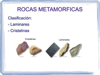 ROCAS METAMORFICAS
Clasificación:
- Laminares
- Cristalinas
Cristalinas

Laminares

 