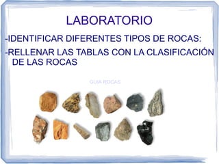 LABORATORIO
-IDENTIFICAR DIFERENTES TIPOS DE ROCAS:
-RELLENAR LAS TABLAS CON LA CLASIFICACIÓN
DE LAS ROCAS
GUIA ROCAS

 
