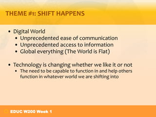 THEME #1: SHIFT HAPPENS
• Digital World
• Unprecedented ease of communication
• Unprecedented access to information
• Global everything (The World is Flat)

• Technology is changing whether we like it or not
• The need to be capable to function in and help others
function in whatever world we are shifting into

EDUC W200 Week 1

 