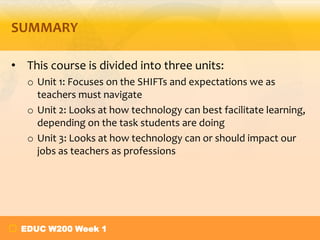 SUMMARY
• This course is divided into three units:
o Unit 1: Focuses on the SHIFTs and expectations we as
teachers must navigate
o Unit 2: Looks at how technology can best facilitate learning,
depending on the task students are doing
o Unit 3: Looks at how technology can or should impact our
jobs as teachers as professions

EDUC W200 Week 1

 