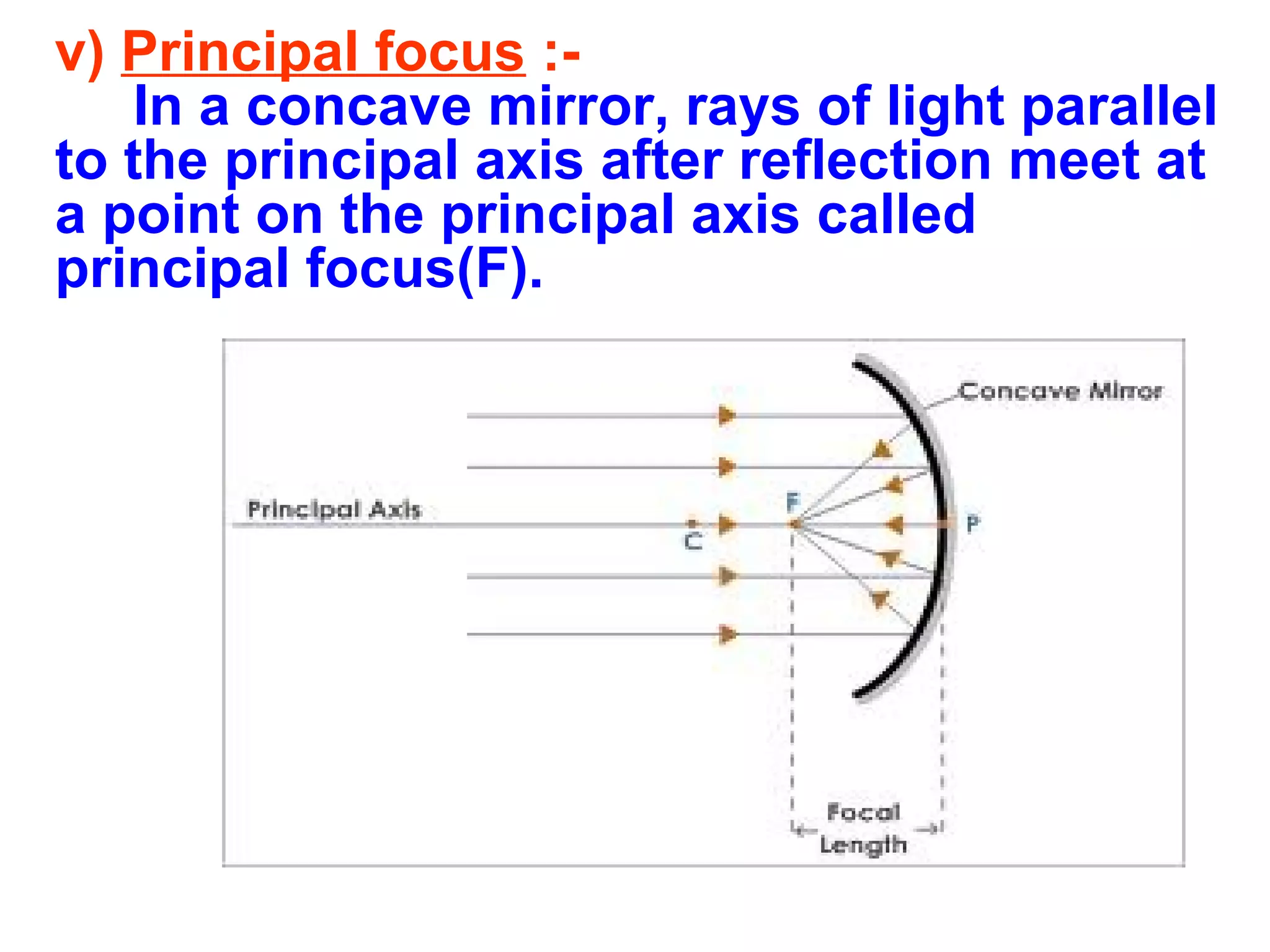 v) Principal focus :In a concave mirror, rays of light parallel
to the principal axis after reflection meet at
a point on the principal axis called
principal focus(F).

 