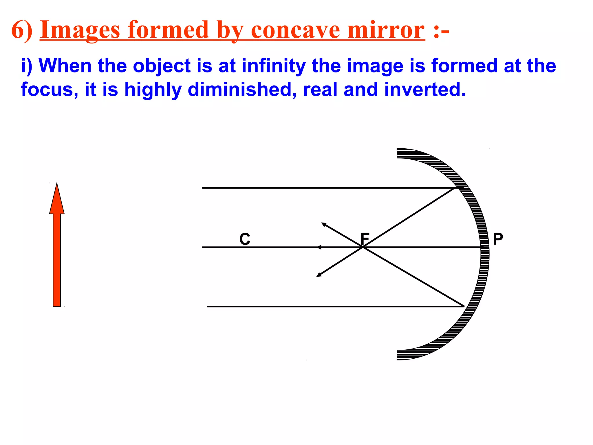 6) Images formed by concave mirror :i) When the object is at infinity the image is formed at the
focus, it is highly diminished, real and inverted.

C

F

P

 