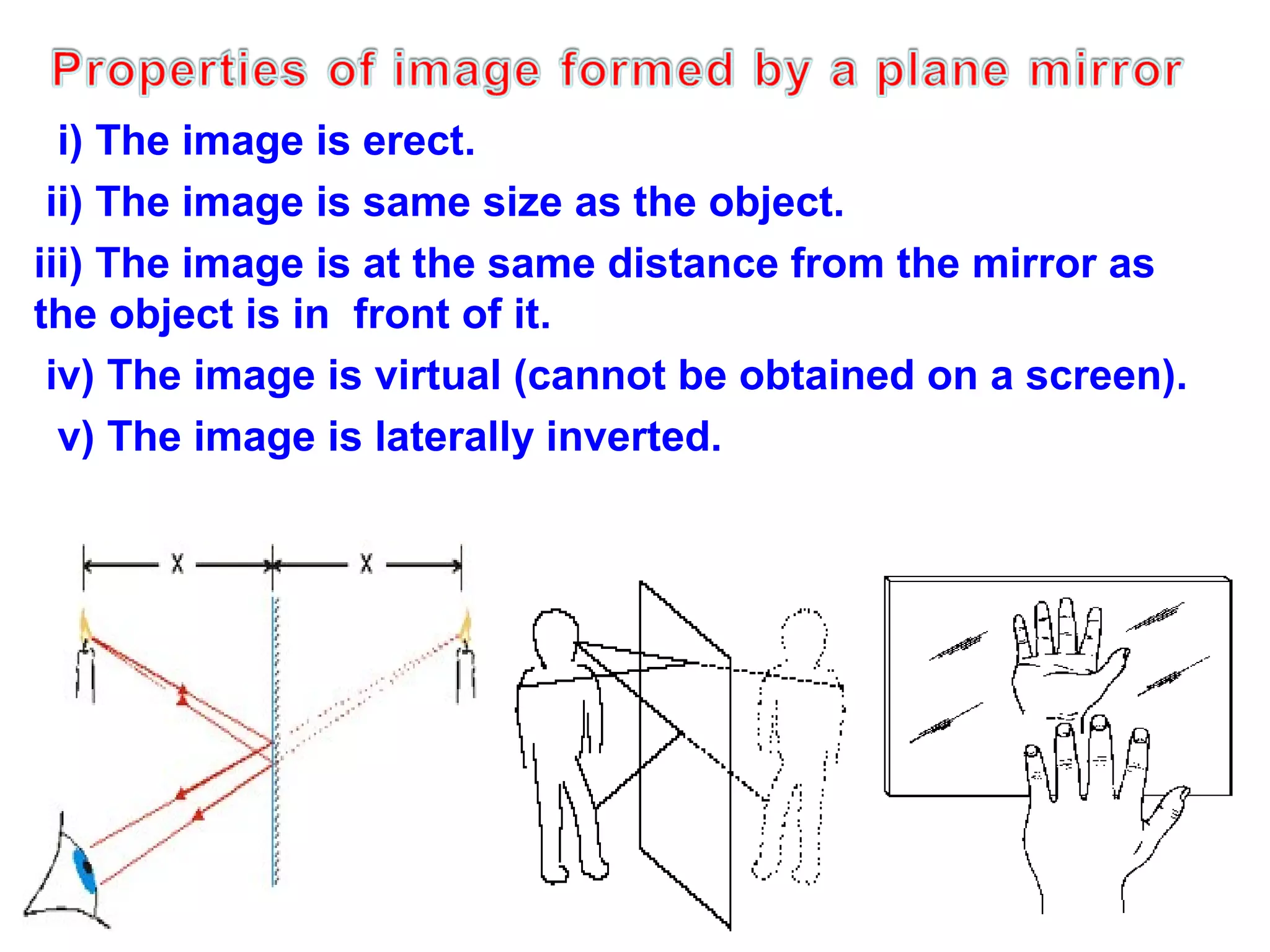 i) The image is erect.
ii) The image is same size as the object.
iii) The image is at the same distance from the mirror as
the object is in front of it.
iv) The image is virtual (cannot be obtained on a screen).
v) The image is laterally inverted.

 