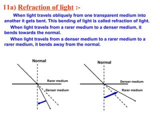 11a) Refraction of light :When light travels obliquely from one transparent medium into
another it gets bent. This bending of light is called refraction of light.
When light travels from a rarer medium to a denser medium, it
bends towards the normal.
When light travels from a denser medium to a rarer medium to a
rarer medium, it bends away from the normal.

Normal

Normal

Rarer medium

Denser medium

Denser medium

Rarer medium

 