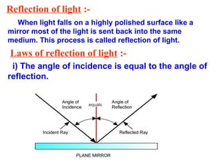 Reflection of light :When light falls on a highly polished surface like a
mirror most of the light is sent back into the same
medium. This process is called reflection of light.

Laws of reflection of light :i) The angle of incidence is equal to the angle of
reflection.

 