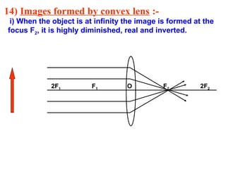 14) Images formed by convex lens :i) When the object is at infinity the image is formed at the
focus F2, it is highly diminished, real and inverted.

2F1

F1

O

F2

2F2

 