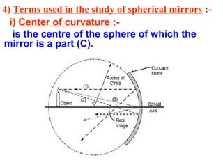 4) Terms used in the study of spherical mirrors :i) Center of curvature :is the centre of the sphere of which the
mirror is a part (C).

 