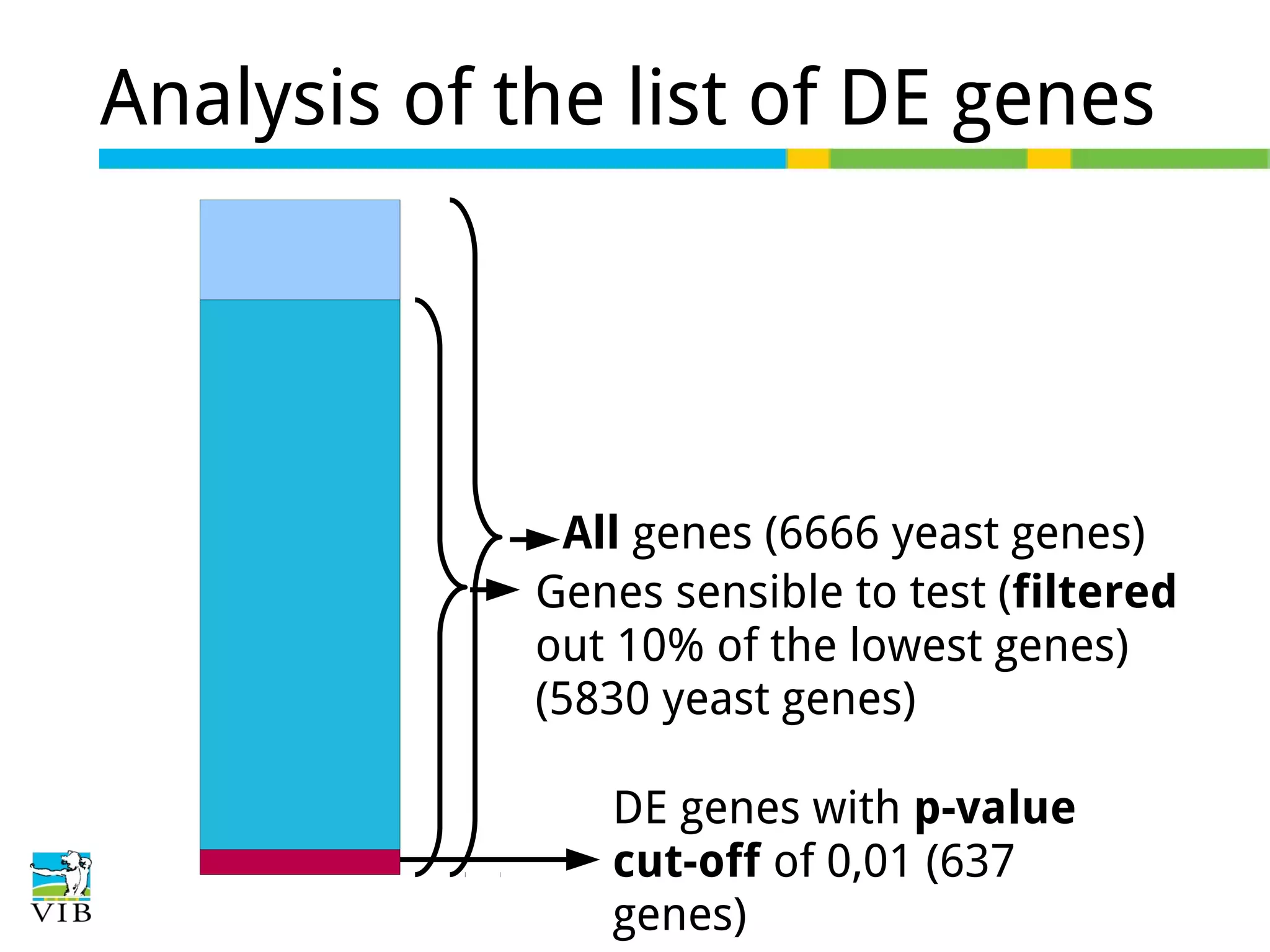 Analysis of the list of DE genes

All genes (6666 yeast genes)
Genes sensible to test (filtered
out 10% of the lowest genes)
(5830 yeast genes)
DE genes with p-value
cut-off of 0,01 (637
genes)

 