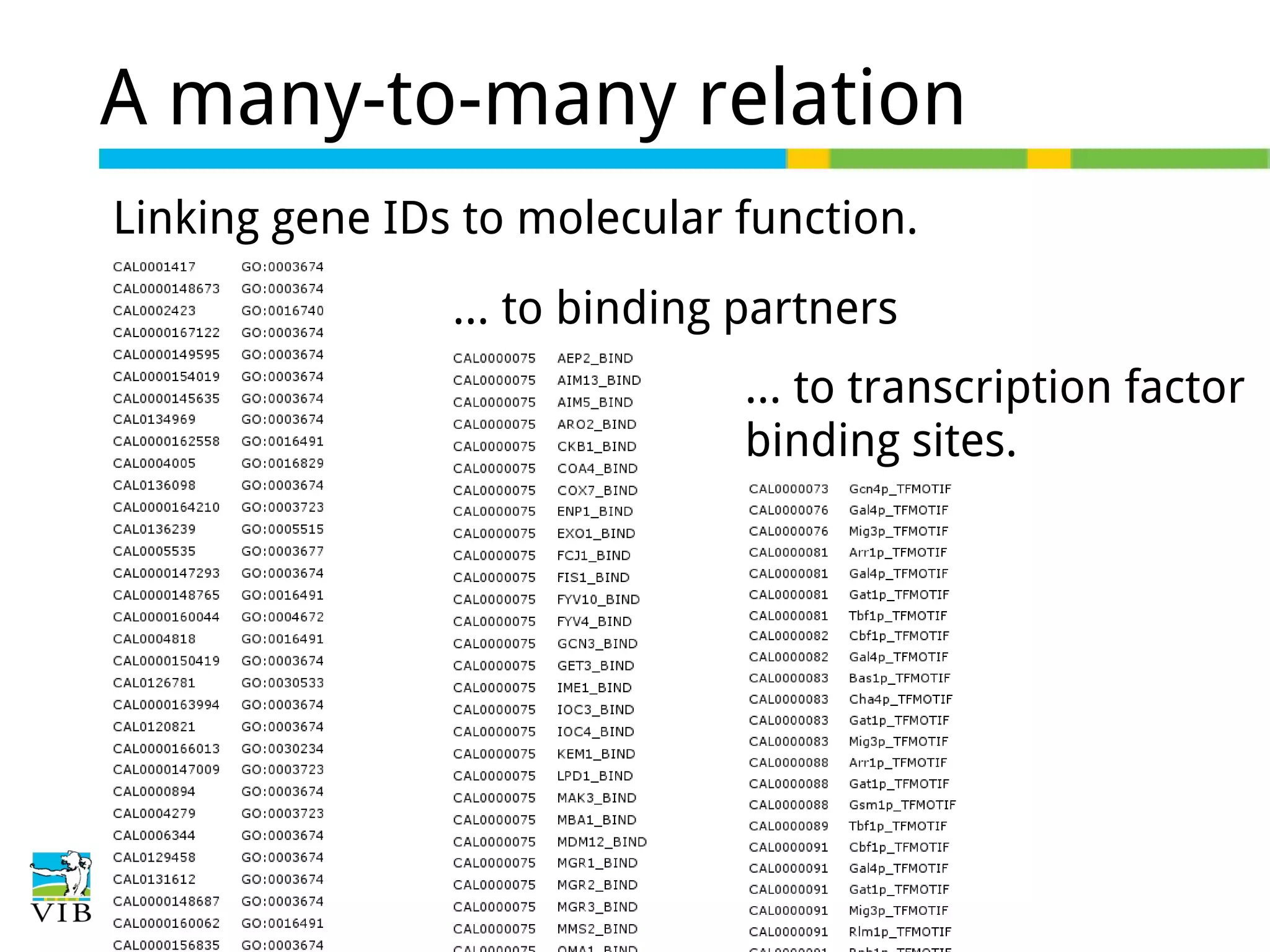 A many-to-many relation
Linking gene IDs to molecular function.
… to binding partners
... to transcription factor
binding sites.

 