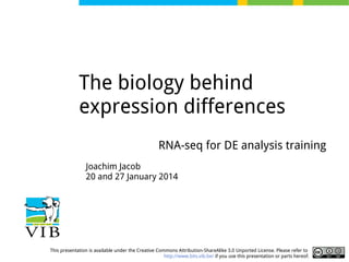 The biology behind
expression differences
RNA-seq for DE analysis training
Joachim Jacob
20 and 27 January 2014

This presentation is available under the Creative Commons Attribution-ShareAlike 3.0 Unported License. Please refer to
http://www.bits.vib.be/ if you use this presentation or parts hereof.

 