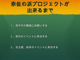 奈佐の浜プロジェクトが
出来るまで
１、県や市の職員にお願いする

２、県内のイベントに参加する

３、名古屋、岐阜のイベントに参加する

 