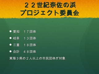 ２２世紀奈佐の浜
プロジェクト委員会
 愛知

１７団体

 岐阜

１３団体

 三重

１８団体

 合計

４８団体

東海３県の２人以上の市民団体が対象

 