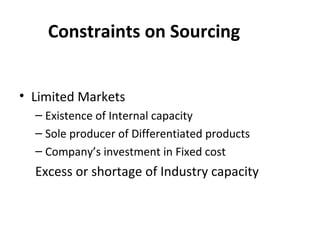 Constraints on Sourcing
• Limited Markets
– Existence of Internal capacity
– Sole producer of Differentiated products
– Company’s investment in Fixed cost

Excess or shortage of Industry capacity

 