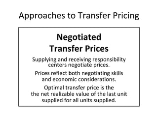 Approaches to Transfer Pricing
Negotiated
Transfer Prices
Supplying and receiving responsibility
centers negotiate prices.
Prices reflect both negotiating skills
and economic considerations.
Optimal transfer price is the
the net realizable value of the last unit
supplied for all units supplied.

 
