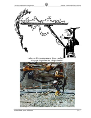 Universidad Nacional de Ingeniería

Centro de Formación Técnica Minera

La fuerza del avance excesiva fatiga a ambos:
el equipo de perforación y la perforadora.

Introducción al Jumbo Hidráulico

- 12 -

 