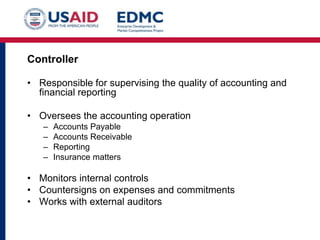 Controller
• Responsible for supervising the quality of accounting and
financial reporting
• Oversees the accounting operation
–
–
–
–

Accounts Payable
Accounts Receivable
Reporting
Insurance matters

• Monitors internal controls
• Countersigns on expenses and commitments
• Works with external auditors

 