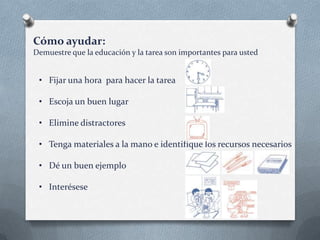 Cómo ayudar:
Demuestre que la educación y la tarea son importantes para usted

• Fijar una hora para hacer la tarea

• Escoja un buen lugar
• Elimine distractores
• Tenga materiales a la mano e identifique los recursos necesarios
• Dé un buen ejemplo
• Interésese

 