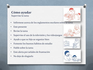 Cómo ayudar
Supervise la tarea
• Infórmese acerca de los reglamentos escolares sobre la tarea
• Este presente
• Revise la tarea

• Supervise el uso de la televisión y los videojuegos
• Ayude a que su hijo se organice bien
• Fomente los buenos hábitos de estudio
• Hable sobre la tarea
• Este alerta por señales de frustración
• No deje de elogiarlo

 