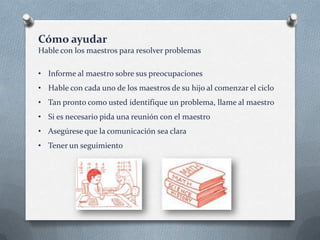 Cómo ayudar
Hable con los maestros para resolver problemas
• Informe al maestro sobre sus preocupaciones
• Hable con cada uno de los maestros de su hijo al comenzar el ciclo
• Tan pronto como usted identifique un problema, llame al maestro
• Si es necesario pida una reunión con el maestro

• Asegúrese que la comunicación sea clara
• Tener un seguimiento

 