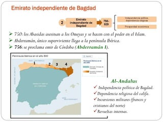 Emirato independiente de Bagdad
 750:los Abasidas asesinan a los Omeyas y se hacen con el poder en el Islam.
 Abderramán,único superviviente llega a la península Ibérica.
 756:se proclama emir de Córdoba (Abderramán I).
Al-Andalus
 Independencia política de Bagdad.
Dependencia religiosa del califa.
Incursiones militares (francos y
cristianos del norte)
Revueltas internas.
 