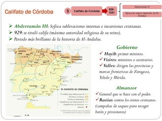 Califato de Córdoba
 Abderramán III:Sofoca sublevaciones internas e incursiones cristianas.
 929:se tituló califa (máxima autoridad religiosa de su reino).
 Periodo más brillante de la historia de Al-Andalus.
Gobierno
 Hayib:primer ministro.
Visires:ministros o secretarios.
Valíes: dirigen las provincias y
marcas fronterizas de Zaragoza,
Toledo y Mérida.
Almanzor
General que se hace con el poder.
Razias contra los reinos cristianos.
(campañas de saqueo para recoger
botín y prisioneros)
 