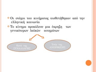  Οι στόχοι του κινήματος υιοθετήθηκαν από την
ελληνική κοινωνία
 Το κίνημα προκάλεσε μια έκρηξη των
γενικότερων λαϊκών αιτημάτων
Κατά της
ΣΥΝΑΛΛΑΓΗΣ
Υπέρ της
ΑΝΟΡΘΩΣΗΣ
 