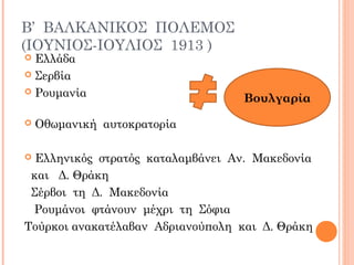 Β’ ΒΑΛΚΑΝΙΚΟΣ ΠΟΛΕΜΟΣ
(ΙΟΥΝΙΟΣ-ΙΟΥΛΙΟΣ 1913 )
 Ελλάδα
 Σερβία
 Ρουμανία
 Οθωμανική αυτοκρατορία
 Ελληνικός στρατός καταλαμβάνει Αν. Μακεδονία
και Δ. Θράκη
Σέρβοι τη Δ. Μακεδονία
Ρουμάνοι φτάνουν μέχρι τη Σόφια
Τούρκοι ανακατέλαβαν Αδριανούπολη και Δ. Θράκη
Βουλγαρία
 