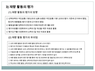 3) 재량 활동의 평가
(1) 재량 활동의 평가의 방향
① 선택과목과 국민공통 기본교과의 심화∙보충은 국민공통 기본 교과의 평가 기준에 근거하여 평정,
창의적 재량활동 평가기준에 근거하여 평정
② 활동결과를 정확하게 판단하기 위해 타당한 준거를 마련
③ 평가자료를 다양화하여 교육의 질 개선을 위한 자료로 활용
④ 평가도구를 다양화하여 교육의 질 개선 자료로 활용
(2) 재량 활동 평가의 유의점
① 교과 재량 활동과 창의적 재량 활동 영역으로 나누어 평가
② 평가의 주안점은 각 활동의 특성과 학생의 특성을 감안
③ 교과 재량 활동은 교과 교육과정의 평가에 준하고, 창의적 재량 활동의 평가는 그 결과를 문장으로 기록
④ 지필검사를 지양하고 표현 및 태도의 관찰평가 등의 다양한 평가방법들이 조화롭게 이루어지도록 함
⑤ 활동의 성격을 고려하여 합리적인 세부 평가 기준을 마련하여 실시
⑥ 재량 활동 운영에 대한 평가를 통해 개선 및 보완해야 할 점을 참고하여 차기 계획에 반영
⑦ 평가 분야는 재량 활동 교육과정 편성과 운영 전반에 걸쳐 실시
⑧ 학교에서 재량 활동 교육과정에 의해 가르치고 활동한 내용과 기능을 평가하도록 유의
 