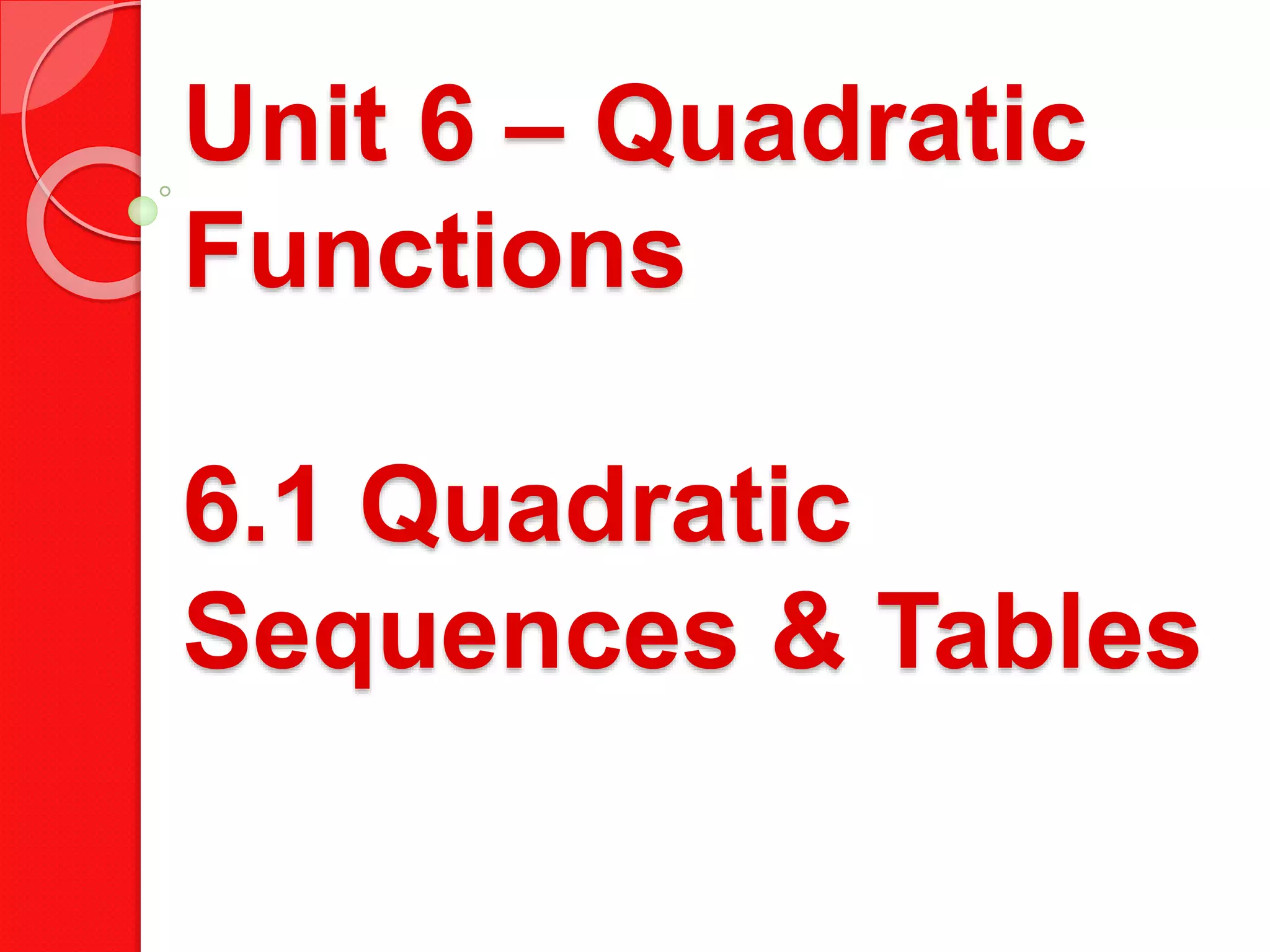 Unit 6 – Quadratic
Functions
6.1 Quadratic
Sequences & Tables