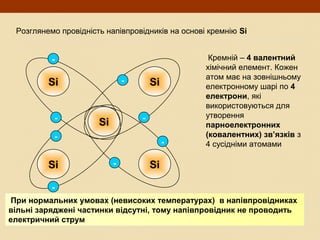 Розглянемо провідність напівпровідників на основі кремнію Si
Si Si
Si
Si Si
-
-
-
- -
-
-
-
Кремній – 4 валентний
хімічний елемент. Кожен
атом має на зовнішньому
електронному шарі по 4
електрони, які
використовуються для
утворення
парноелектронних
(ковалентних) зв’язків з
4 сусідніми атомами
При нормальних умовах (невисоких температурах) в напівпровідниках
вільні заряджені частинки відсутні, тому напівпровідник не проводить
електричний струм
При нормальних умовах (невисоких температурах) в напівпровідниках
вільні заряджені частинки відсутні, тому напівпровідник не проводить
електричний струм
 