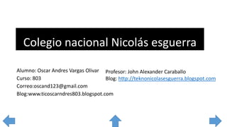 Colegio nacional Nicolás esguerra
Profesor: John Alexander Caraballo
Blog: http://teknonicolasesguerra.blogspot.com
Alumno: Oscar Andres Vargas Olivar
Curso: 803
Correo:oscand123@gmail.com
Blog:www.ticoscarndres803.blogspot.com
 