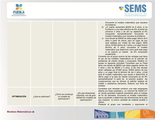 Modelos Matemáticos 18
Encuentre el modelo matemático que resuelve
el problema.
b) ¿A cuánto ascenderá $2000 en 8 años, si se
invirtieron a una tasa efectiva de 6% durante los
primeros 4 años y de ahí en adelante al 6%
compuesto semestralmente? Encuentre el
modelo matemático que resuelve el problema.
c) Una deuda de $3000 se debe pagar dentro de 6
años a partir de ahora, pero en lugar de eso
será saldada por medio de tres pagos: $500
ahora, $1500 dentro de 3 años y un pago final al
término de 5 años, encuentre el modelo
matemático que determine como será este pago
si se supone un interés de 6% compuesto
anualmente.
Comente con el grupo acerca de las ventajas que tiene
el uso de los modelos matemáticos en la solución de
problemas de interés simple y compuesto. Realice en
equipo la siguiente actividad: Considere que su Papá
tiene una deuda de $6000 que debe pagarse dentro de
3 años y otra de $8000 a 4 años, si las dos deudas
serán saldadas por $1000 ahora, $3500 dentro de dos
años y un pago final al término de los 4 años, ¿Cuál
será el modelo matemático que ayude a determinar el
último pago si la tasa de interés compuesto es de 8%
semestralmente? A partir de la solución analice las
consecuencias que se derivan al solicitar tarjetas de
crédito o préstamos bancarios. Elabore una ficha de
síntesis.
OPTIMIZACIÓN ¿Qué es optimizar?
¿Cómo se construye
un modelo de
optimización?
¿En qué situaciones
prácticas, son de gran
utilidad los modelos de
optimización?
Considere que necesita construir una caja rectangular
abierta con base cuadrada y un volumen de 32000 cm
3
en donde guardará material importante para un trabajo
de fin de semestre. Encuentre el modelo matemático
que lo ayudarán a determinar las dimensiones de la caja
que requiera la menor cantidad de material posible a
utilizar.
Presente al grupo sus resultados y argumente el
 