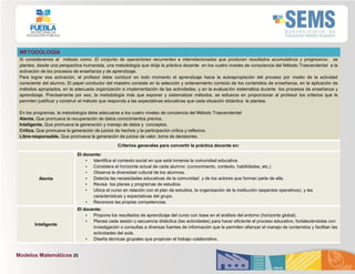Modelos Matemáticos 25
METODOLOGÍA
Si consideramos al método como: El conjunto de operaciones recurrentes e interrelacionadas que producen resultados acumulativos y progresivos, se
plantea, desde una perspectiva humanista, una metodología que dirija la práctica docente en los cuatro niveles de consciencia del Método Trascendental a la
activación de los procesos de enseñanza y de aprendizaje.
Para lograr esa activación, el profesor debe conducir en todo momento el aprendizaje hacia la autoapropiación del proceso por medio de la actividad
consciente del alumno. El papel conductor del maestro consiste en la selección y ordenamiento correcto de los contenidos de enseñanza, en la aplicación de
métodos apropiados, en la adecuada organización e implementación de las actividades, y en la evaluación sistemática durante los procesos de enseñanza y
aprendizaje. Precisamente por eso, la metodología más que exponer y sistematizar métodos, se esfuerza en proporcionar al profesor los criterios que le
permiten justificar y construir el método que responda a las expectativas educativas que cada situación didáctica le plantea.
En los programas, la metodología debe adecuarse a los cuatro niveles de conciencia del Método Trascendental:
Atenta. Que promueva la recuperación de datos conocimientos previos.
Inteligente. Que promueva la generación y manejo de datos y conceptos.
Crítica. Que promueva la generación de juicios de hechos y la participación crítica y reflexiva.
Libre-responsable. Que promueva la generación de juicios de valor, toma de decisiones.
Criterios generales para convertir la práctica docente en:
Atenta
El docente:
• Identifica el contexto social en que está inmersa la comunidad educativa.
• Considera el horizonte actual de cada alumno: (conocimiento, contexto, habilidades, etc.)
• Observa la diversidad cultural de los alumnos.
• Detecta las necesidades educativas de la comunidad y de los actores que forman parte de ella.
• Revisa los planes y programas de estudios.
• Ubica el curso en relación con el plan de estudios, la organización de la institución (aspectos operativos), y las
características y expectativas del grupo.
• Reconoce las propias competencias.
Inteligente
El docente:
• Propone los resultados de aprendizaje del curso con base en el análisis del entorno (horizonte global).
• Planea cada sesión o secuencia didáctica (las actividades) para hacer eficiente el proceso educativo, fortaleciéndolas con
investigación o consultas a diversas fuentes de información que le permiten afianzar el manejo de contenidos y facilitan las
actividades del aula.
• Diseña técnicas grupales que propician el trabajo colaborativo.
 