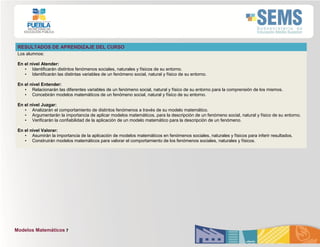 Modelos Matemáticos 7
RESULTADOS DE APRENDIZAJE DEL CURSO
Los alumnos:
En el nivel Atender:
• Identificarán distintos fenómenos sociales, naturales y físicos de su entorno.
• Identificarán las distintas variables de un fenómeno social, natural y físico de su entorno.
En el nivel Entender:
• Relacionarán las diferentes variables de un fenómeno social, natural y físico de su entorno para la comprensión de los mismos.
• Concebirán modelos matemáticos de un fenómeno social, natural y físico de su entorno.
En el nivel Juzgar:
• Analizarán el comportamiento de distintos fenómenos a través de su modelo matemático.
• Argumentarán la importancia de aplicar modelos matemáticos, para la descripción de un fenómeno social, natural y físico de su entorno.
• Verificarán la confiabilidad de la aplicación de un modelo matemático para la descripción de un fenómeno.
En el nivel Valorar:
• Asumirán la importancia de la aplicación de modelos matemáticos en fenómenos sociales, naturales y físicos para inferir resultados.
• Construirán modelos matemáticos para valorar el comportamiento de los fenómenos sociales, naturales y físicos.
 