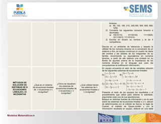Modelos Matemáticos 9
binarios:
a) 85, 120, 190, 210, 300,350, 500, 600, 800,
1250.
2) Convierta los siguientes números binarios a
decimales:
a) 10010110, 01100100, 11110000,
101110010, 111101010.
3) Escriba en binario su nombre y la de 4
compañeros.
Discuta en un ambiente de tolerancia y respeto la
utilidad de los números binarios en a conversión de un
sistema a otro, en equipo construya un cuadro de datos
del nombre y las edades de los integrantes de su
familia, encontrando su equivalencia en números
binarios, a partir de ello elabore una síntesis en su
libreta de apuntes acerca de la importancia de los
números binarios en el lenguaje que usan las
computadoras al codificación información.
MÉTODOS DE
SOLUCIÓN DE
SISTEMAS DE N
ECUACIONES
LINEALES x N
INCÓGNITAS
¿Qué es un sistema
de ecuaciones lineales
de n ecuaciones x n
incógnitas?
¿Cómo se resuelven
los sistemas de
ecuaciones lineales de
n ecuaciones x n
incógnitas?
¿Qué utilidad tienen
los sistemas de n
ecuaciones lineales x
n incógnitas?
En equipo encuentre el valor de las variables solución
de los siguientes sistemas de ecuaciones lineales:
A)





1325
63
yx
yx
B)





2443
675
yx
yx
C)








223
9752
64
zyx
zyx
zyx
D)











72242
2323
9752
64
wzyx
wzyx
wzyx
wzyx
Presente al resto de los equipos los resultados y el
procedimiento que utilizó para obtener lo solicitado,
argumente cada una de sus aportaciones.
Busque en distintas fuentes de información y en la web
sobre los sistemas de ecuaciones lineales n x n, cálculo
de determinantes por el método de Sarrus, la regla de
Cramer, el método de Gauss-Jordán y con la
información recabada en equipo, elabore en una tabla
 