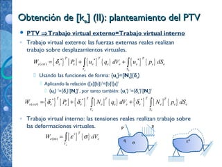 Obtención de [kObtención de [kee] (II): planteamiento del PTV] (II): planteamiento del PTV
 PTV ⇒Trabajo virtual externo=Trabajo virtual interno
◦ Trabajo virtual externo: las fuerzas externas reales realizan
trabajo sobre desplazamientos virtuales.
 Usando las funciones de forma: {ue}=[Ne]{δe}
 Aplicando la relación ([a][b])T
=[b]T
[a]T
 {ue} T
={δe}T
[Ne]T
, por tanto también: {ue
*
} T
={δe
*
}T
[Ne]T
◦ Trabajo virtual interno: las tensiones reales realizan trabajo sobre
las deformaciones virtuales.
{ } [ ] { } { } { } { }* * *
( )
e e
T T T
e ext e e e e e e e e
V S
W P u q dV u p dSδ= + +∫ ∫
{ } { }*
(int)
e
T
e e
V
W dVε σ= ∫
{ } [ ] { } [ ] { } { } [ ] { }* * *
( )
e e
T T TT T
e ext e e e e e e e e e e
V S
W P N q dV N p dSδ δ δ= + +∫ ∫
ε*σ
P
p
q
 