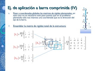 Ej. de aplicación a barra comprimida (IV)Ej. de aplicación a barra comprimida (IV)
6. Pasar a coordenadas globales las matrices de rigidez elementales: en
este caso no es necesario este paso puesto que en el problema
planteado sólo nos interesa una coordenada que es la dirección del
eje de la barra.
I
II
III
x7. Ensamblar la matriz de rigidez total de la estructura:
4
3
2
1
1 2
1
2
1 1
1 1
4
I
EA
k
h
 
 − 

 
−

 
 =
2 3
2
3
1 1
1 1
2
II
EA
h
k  
 
 −
 
 − 
=
3 4
3
4
1 1
1 1
III
EA
h
k 
 
 − 


− 


=
1 2 3 4 1 2 3 4
1 1
2 2
3 3
4 4
0
4 4 0 0 4 4 0 0
4 4 2 2 0 4 6 2 0
0 2 2 1 1 0 2 3 1
0 0 1 1 0 0 1 1
EA EA
h
K
h
   
   − −
   
   =− + − − −
   
− + − − −   
   − −  
  

=
 