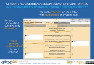 Carlo Vezzoli
Politecnico di Milano / DESIGN dept. / DIS / School of Design / Italy
. GENERATE “SOCIOETHICAL/SUSTAIN. IDEAS” BY BRAINSTORMING
. tool: SUSTAINABILITY DESIGN-ORIENTING / ORIENTATE CONCEPT
typed
emerged
system ideas
(for each
criterion)
for each
(socio-etic.)
sustainability
dimension
for each criterion, an idea table
with guidelinees at system level
 