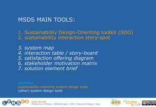 Carlo Vezzoli
Politecnico di Milano / DESIGN dept. / DIS / School of Design / Italy
1. Sustainability Design-Orienting toolkit (SDO)
2. sustainability interaction story-spot
3. system map
4. interaction table / story-board
5. satisfaction offering diagram
6. stakeholder motivation matrix
7. solution element brief
MSDS MAIN TOOLS:
LEGENDA
sustainability-orienting system design tools
(other) system design tools
 