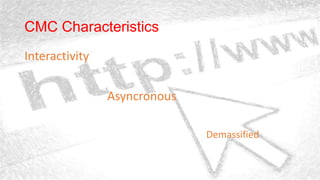 CMC Characteristics
Interactivity
Asyncronous
Demassified
 