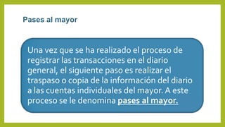 Pases al mayor
Una vez que se ha realizado el proceso de
registrar las transacciones en el diario
general, el siguiente paso es realizar el
traspaso o copia de la información del diario
a las cuentas individuales del mayor. A este
proceso se le denomina pases al mayor.
 