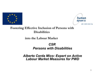 1
Fostering Effective Inclusion of Persons with
Disabilities
into the Labour Market
CSR
Persons with Disabilities
Alberto Cerda Mico: Expert on Active
Labour Market Measures for PWD
 