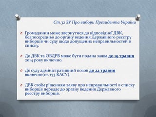 O Громадянин може звернутися до відповідної ДВК,
безпосередньо до органу ведення Державного реєстру
виборців чи суду щодо допущених неправильностей в
списку.
O До ДВК та ОВДРВ може бути подана заява до 19 травня
2014 року включно.
O До суду адміністративний позов до 22 травня
включно(ст. 173 КАСУ).
O ДВК своїм рішенням заяву про неправильності в списку
виборців передає до органу ведення Державного
реєстру виборців.
Ст.32 ЗУ Про вибори Президента України
 
