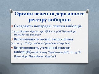 Органи ведення державного
реєстру виборців
O Складають попередні списки виборців
(ст.27 Закону України про ДРВ, ст.31 ЗУ Про вибори
Президента України)
O Виготовляють іменні запрошення
(ч.2 ст. 32 ЗУ Про вибори Президента України)
O Виготовляють уточненні списки
виборців(ст.28 Закону України про ДРВ, ст. 34 ЗУ
Про вибори Президента України)
 