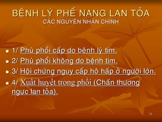 15
BEÄNH LYÙ PHEÁ NANG LAN TOÛA
CAÙC NGUYEÂN NHAÂN CHÍNH
 1/ Phuø phoåi caáp do beänh lyù tim.
 2/ Phuø phoåi khoâng do beänh tim.
 3/ Hoäi chöùng nguy caáp hoâ haáp ôû ngöôøi lôùn.
 4/ Xuất huyết trong phổi (Chaán thöông
ngöïc lan toûa).
 