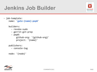 © MIRANTIS 2013 PAGE
Jenkins Job Builder
- job-template:
name: 'gate-{name}-pep8'
builders:
- revoke-sudo
- gerrit-git-prep
- pep8:
github-org: '{github-org}'
project: '{name}'
publishers:
- console-log
node: '{node}'
 