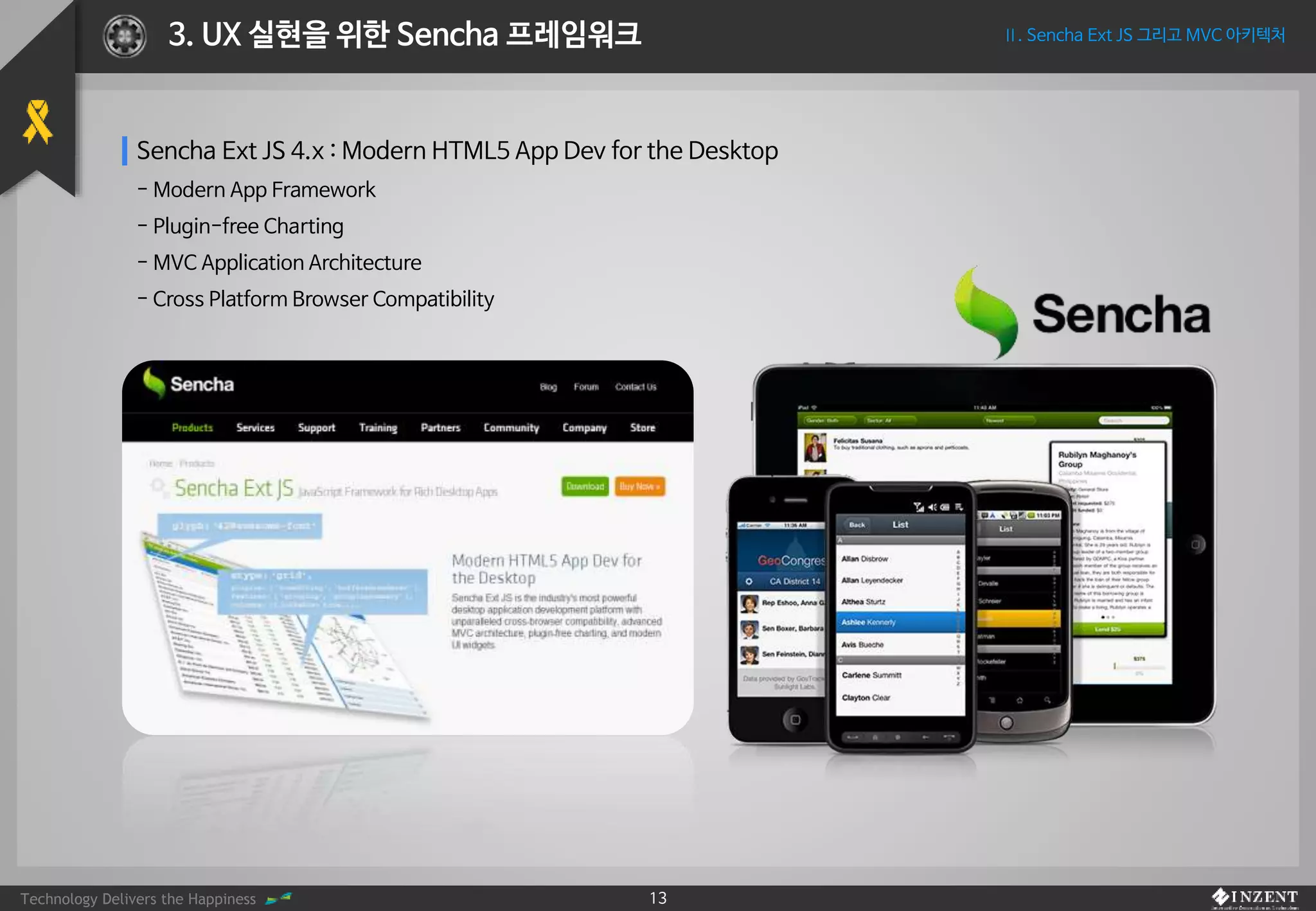 Technology Delivers the Happiness 13
Ⅱ. Sencha Ext JS 그리고 MVC 아키텍처3. UX 실현을 위한 Sencha 프레임워크
Sencha Ext JS 4.x : Modern HTML5 App Dev for the Desktop
- Modern App Framework
- Plugin-free Charting
- MVC Application Architecture
- Cross Platform Browser Compatibility
 