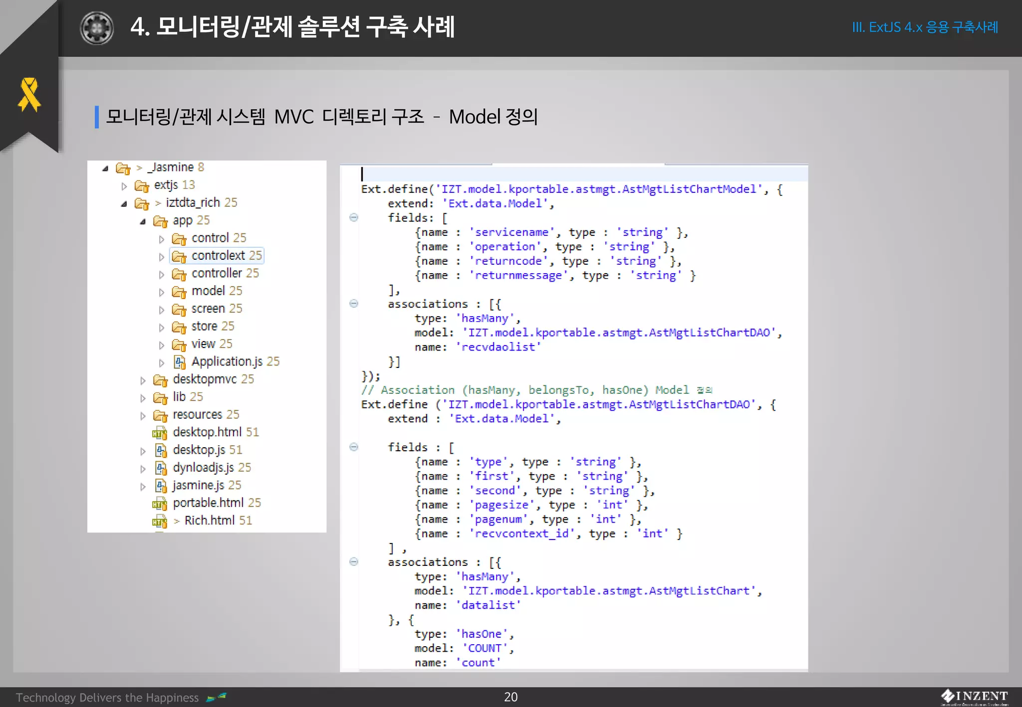 Technology Delivers the Happiness 20
III. ExtJS 4.x 응용 구축사례4. 모니터링/관제 솔루션 구축 사례
모니터링/관제 시스템 MVC 디렉토리 구조 – Model 정의
 